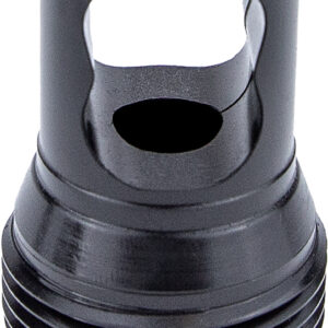Black threaded metal muzzle brake component
