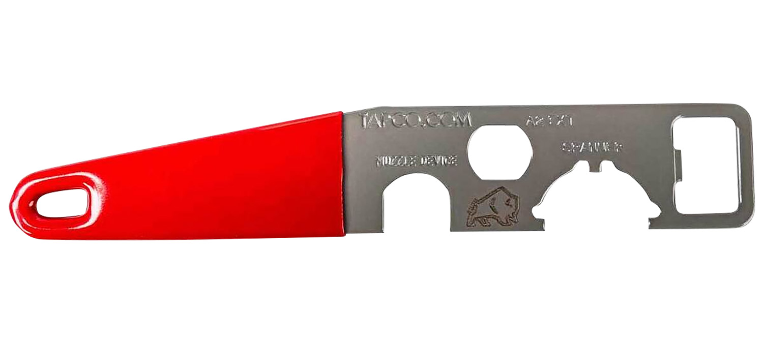 Red-handled metal multi-tool bottle opener