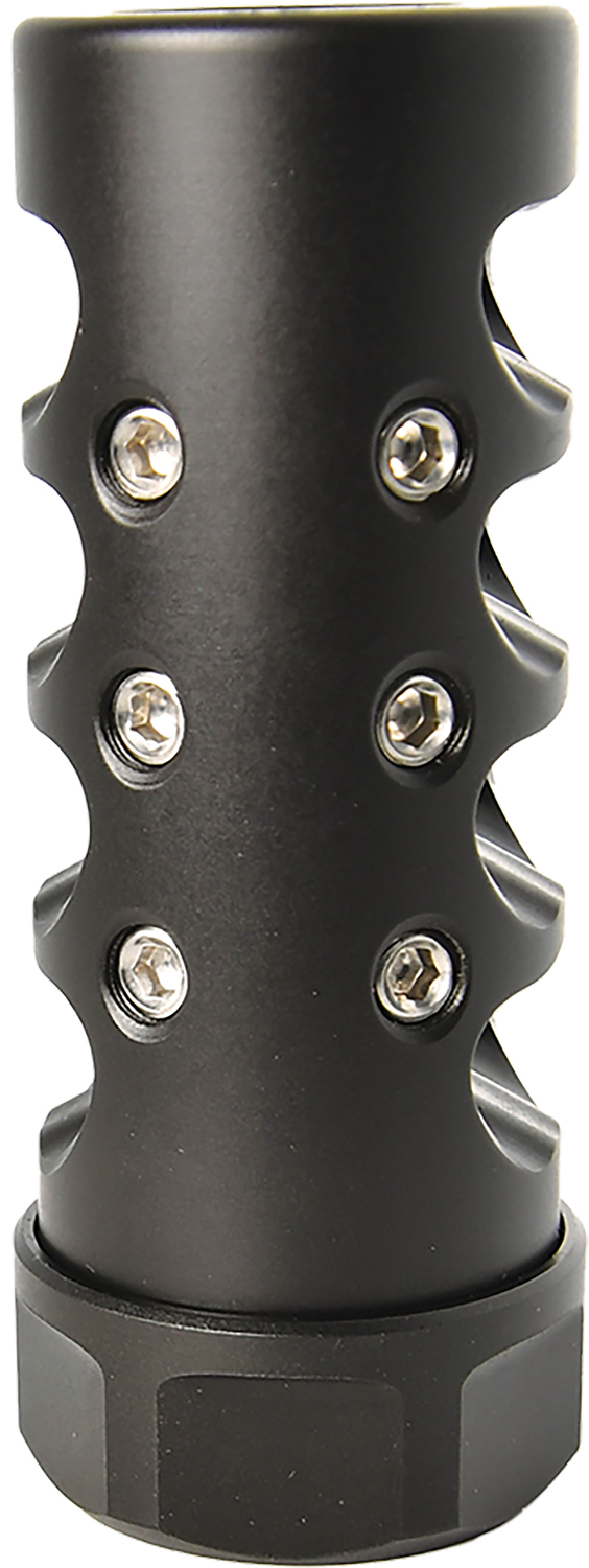 Black cylindrical metal component with hex screws