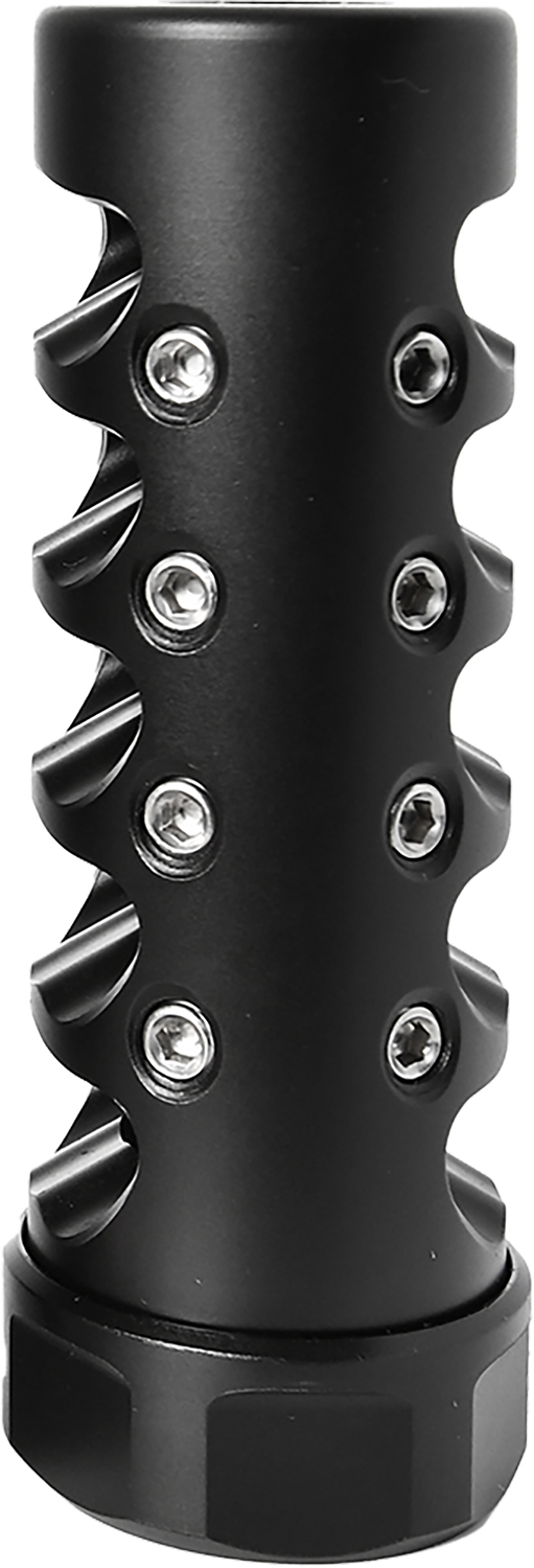 Black metal muzzle brake with spiral ports