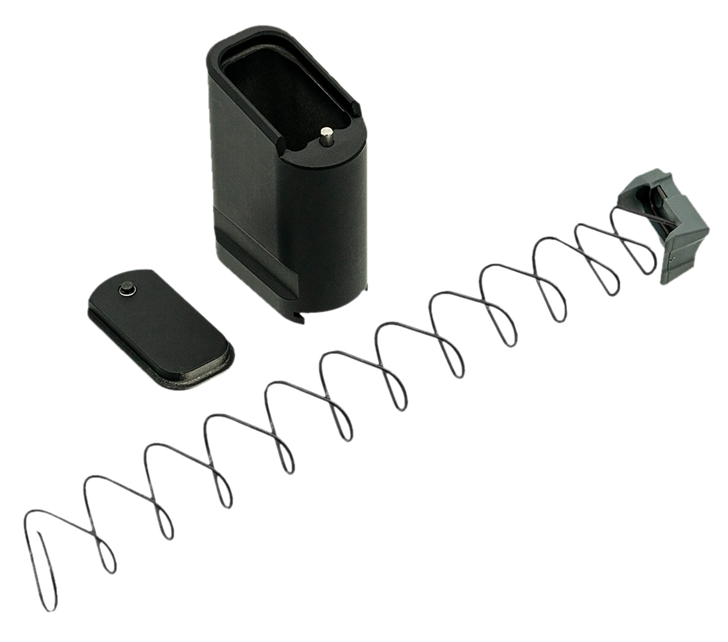 Disassembled pistol magazine with spring and components