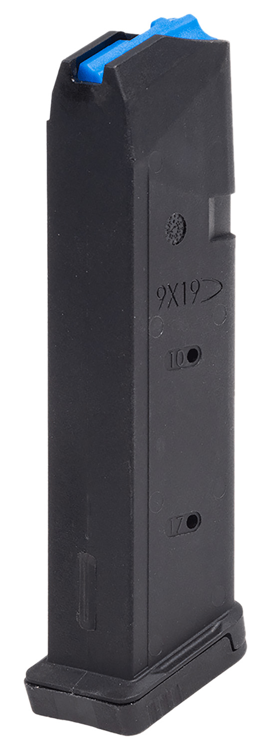 Black 9x19 pistol magazine with blue follower