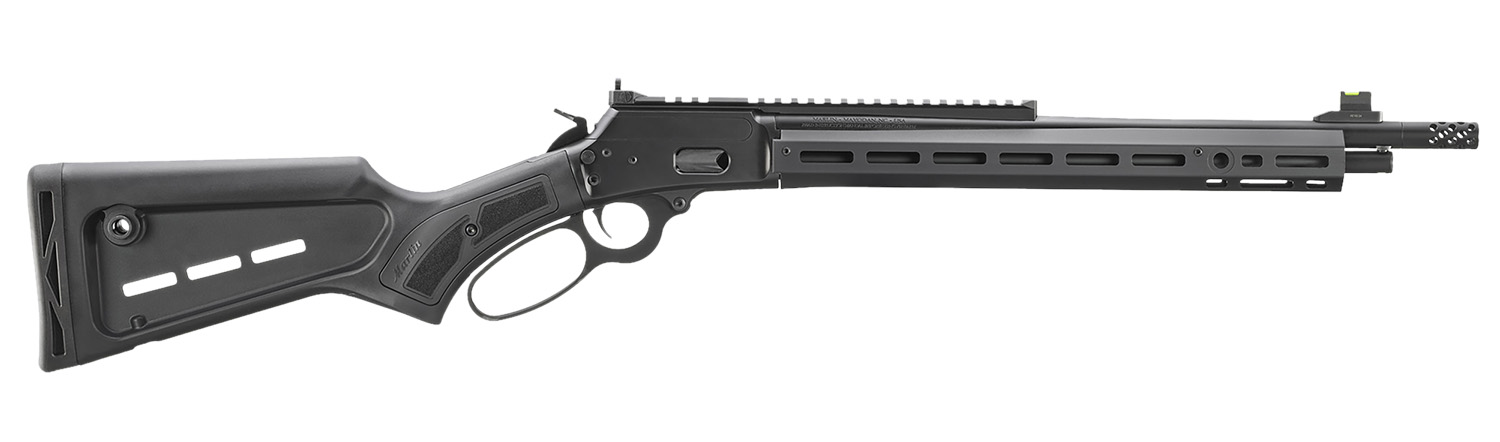 Modern black lever-action rifle with rail system