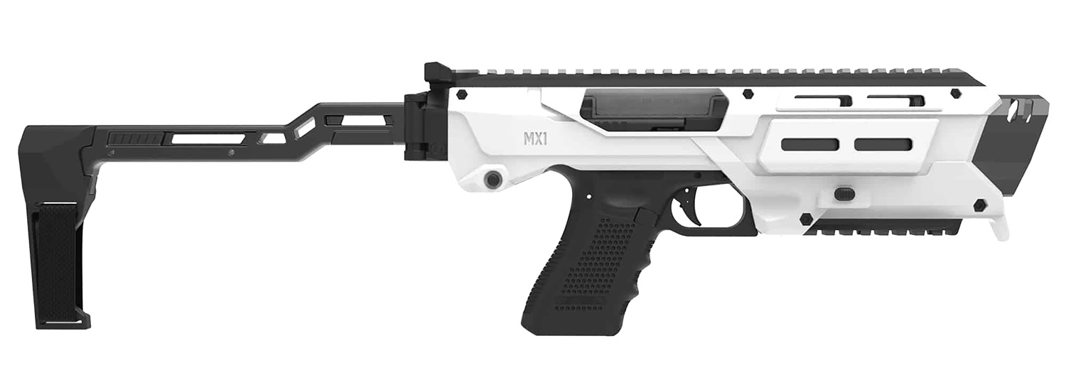 White and black tactical firearm with stock