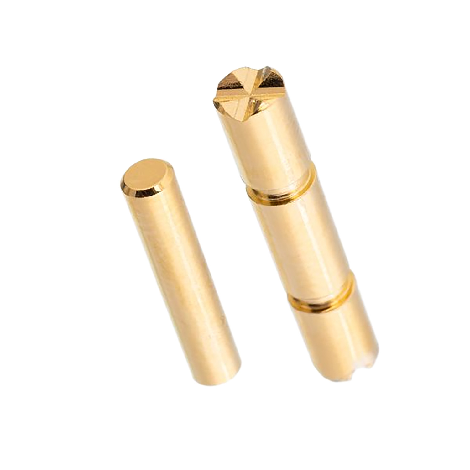 Two brass cylindrical connector pins on white background