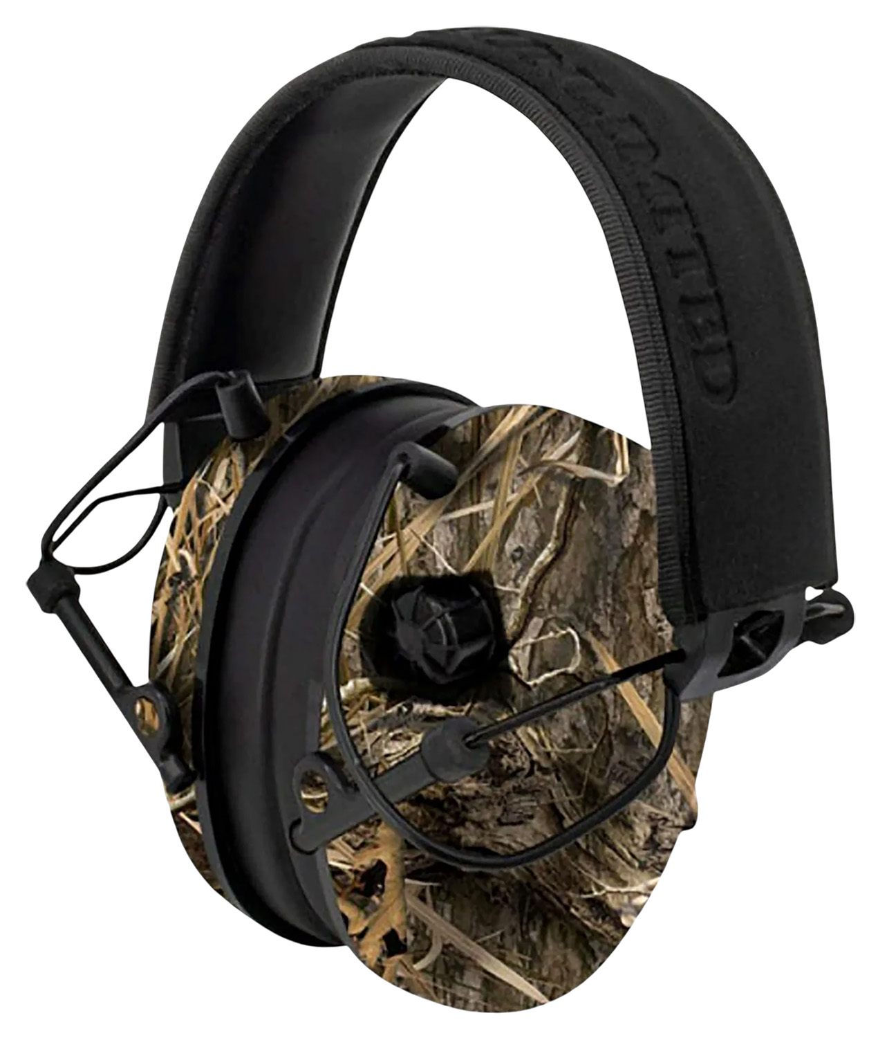 Camouflage electronic shooting earmuffs with attached microphone