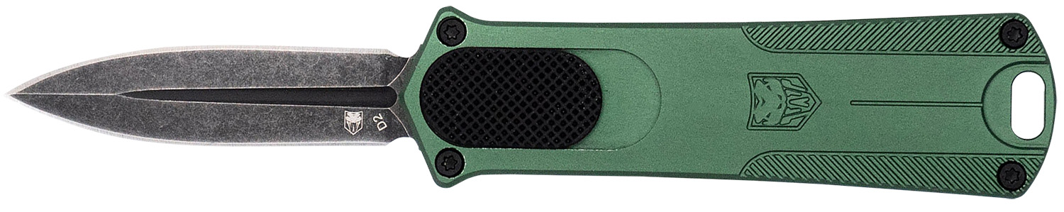 Green handled double-edged knife with extended blade