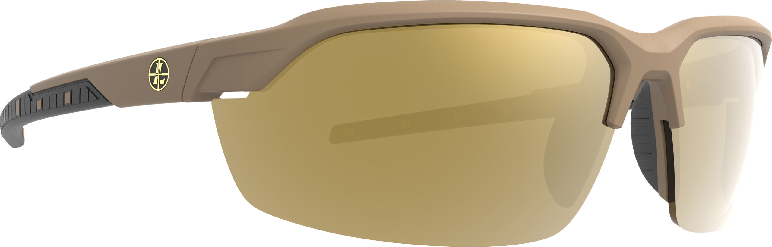 Tan wraparound sunglasses with gold-tinted lens