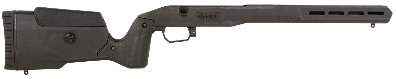 Black MDT rifle chassis stock, side profile