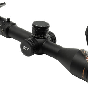 Black rifle scope with adjustment turrets and lens caps