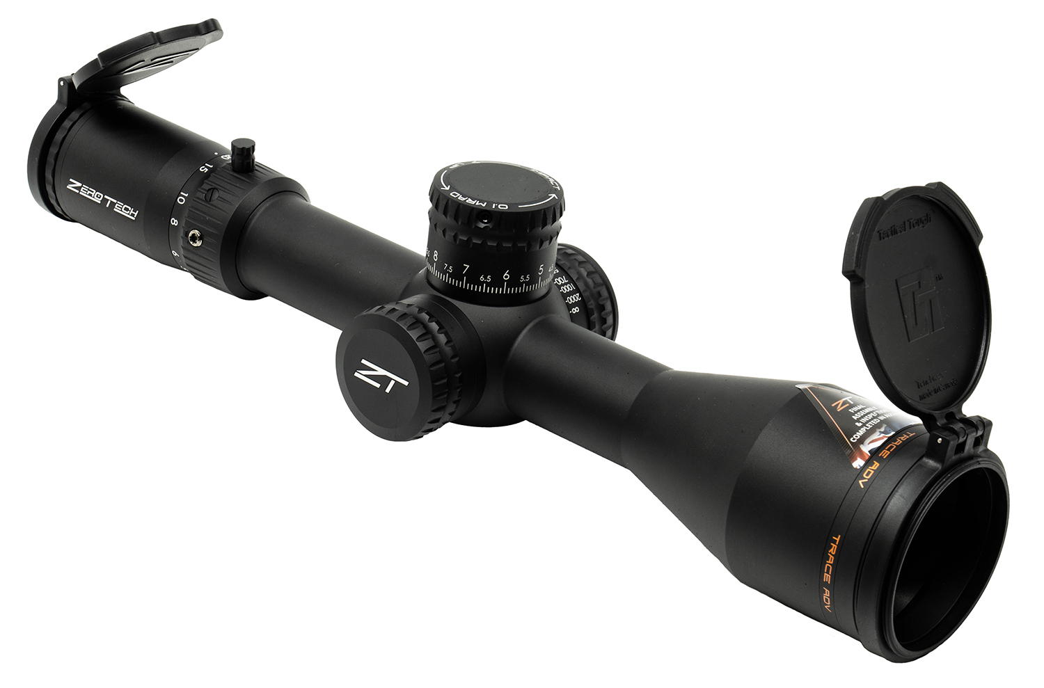 Black rifle scope with adjustment turrets and lens caps