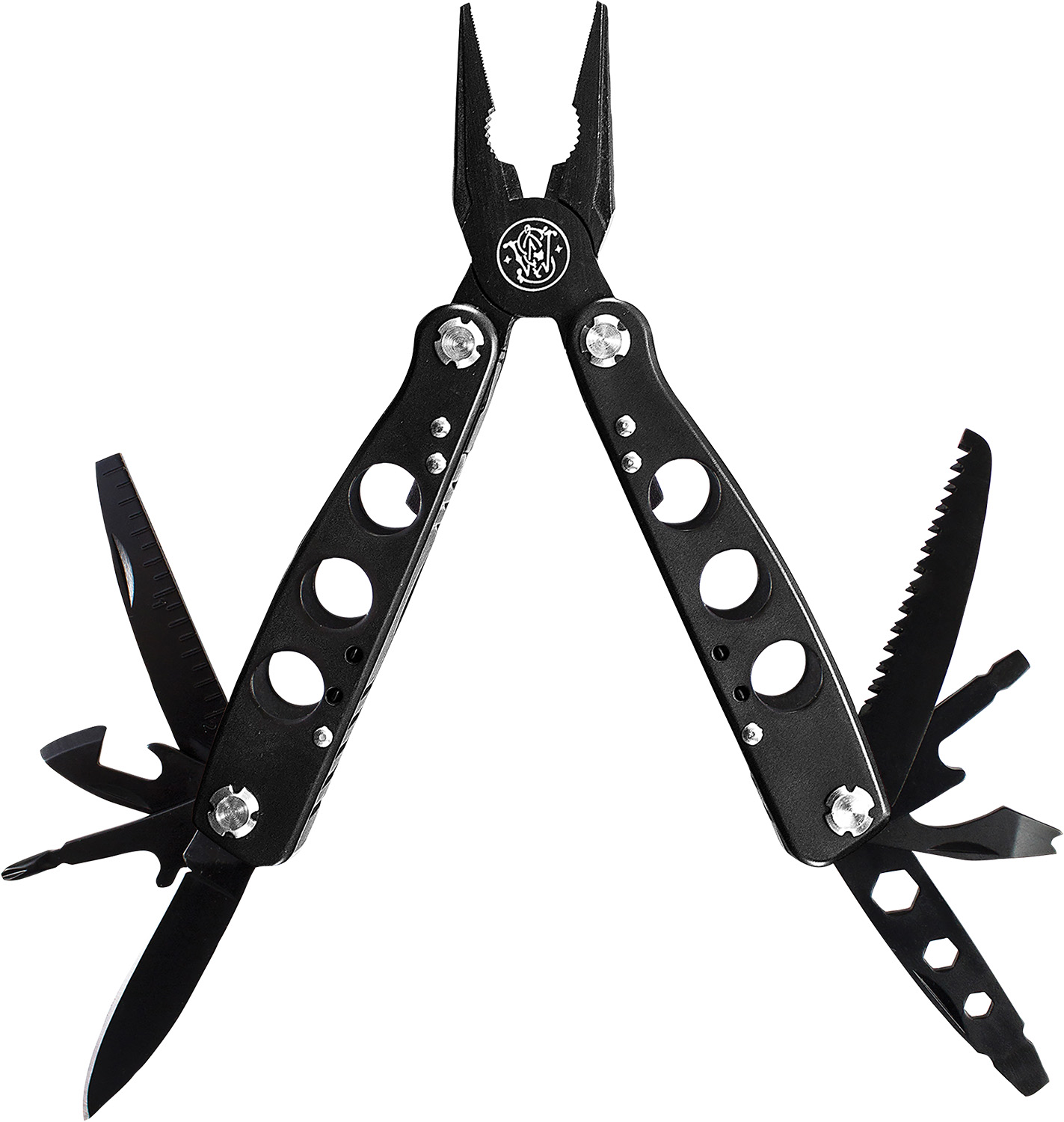 Black multi-tool with pliers and extended tools