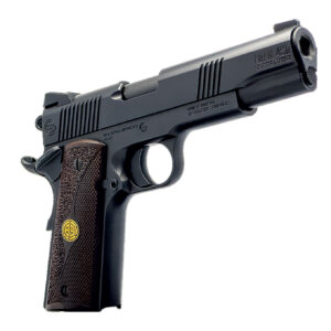 Black semi-automatic handgun with wooden grip