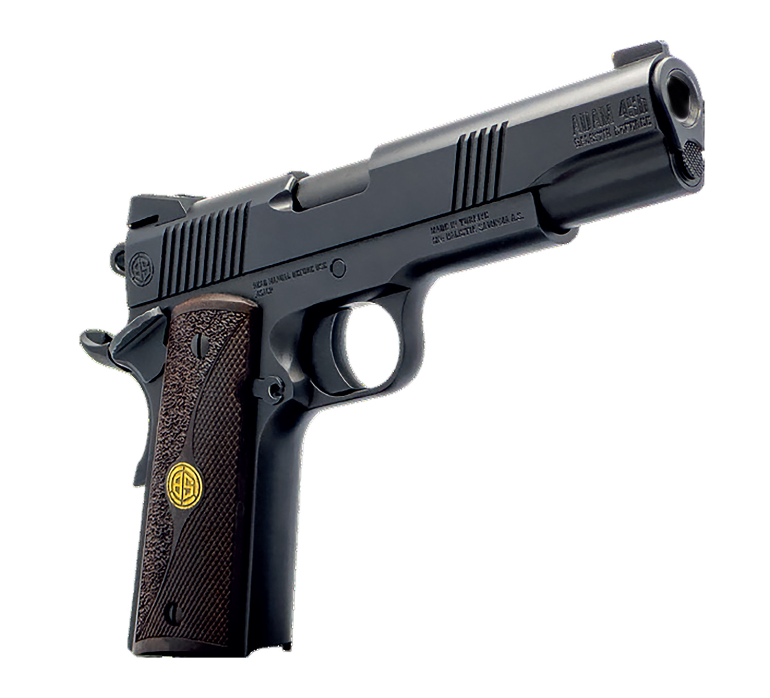 Black semi-automatic handgun with wooden grip
