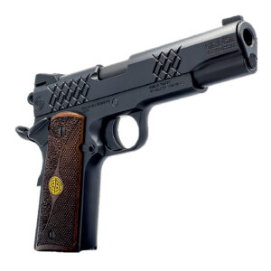 Black semi-automatic pistol with wooden grip