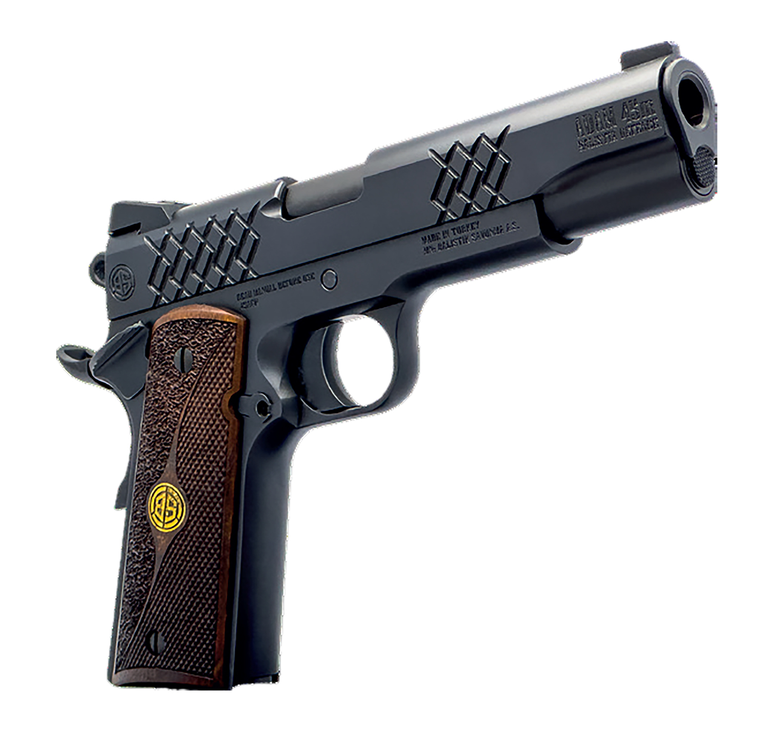 Black semi-automatic pistol with wooden grip