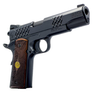Black semi-automatic pistol with wooden grip