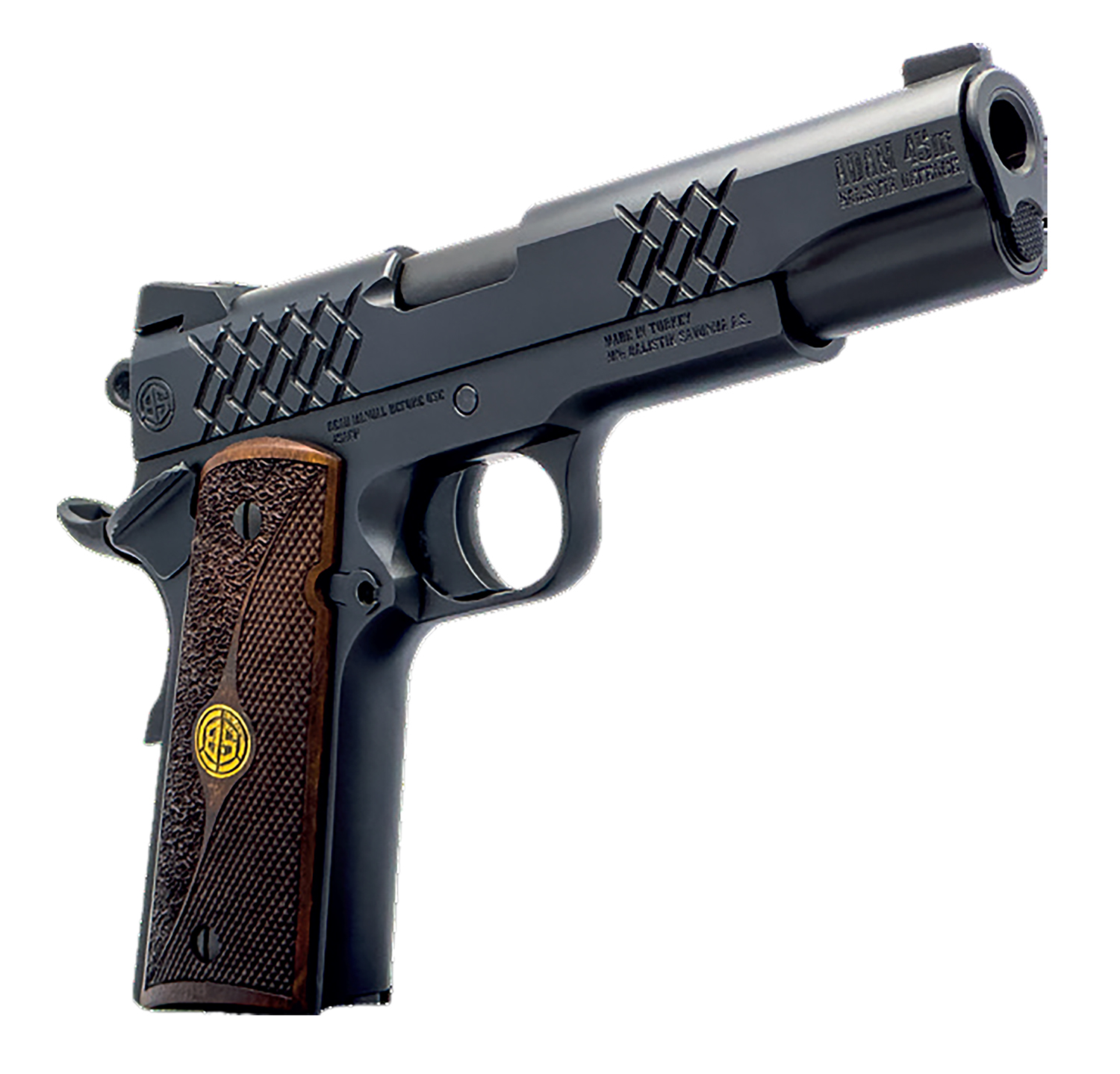 Black semi-automatic pistol with wooden grip