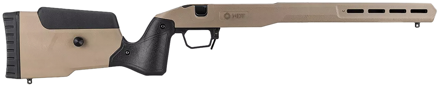 Tan rifle chassis with black grip and buttpad