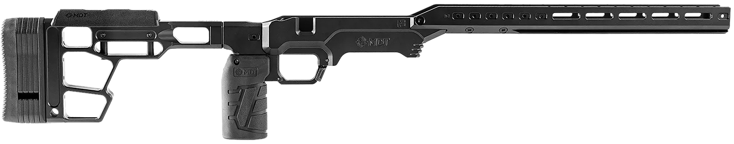 Black MDT rifle chassis with adjustable stock