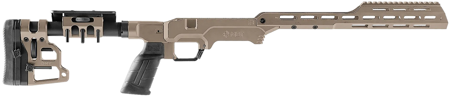 Tan precision rifle chassis with adjustable stock