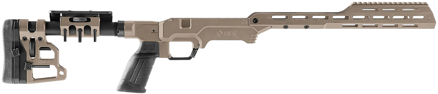 Tan precision rifle chassis with adjustable stock