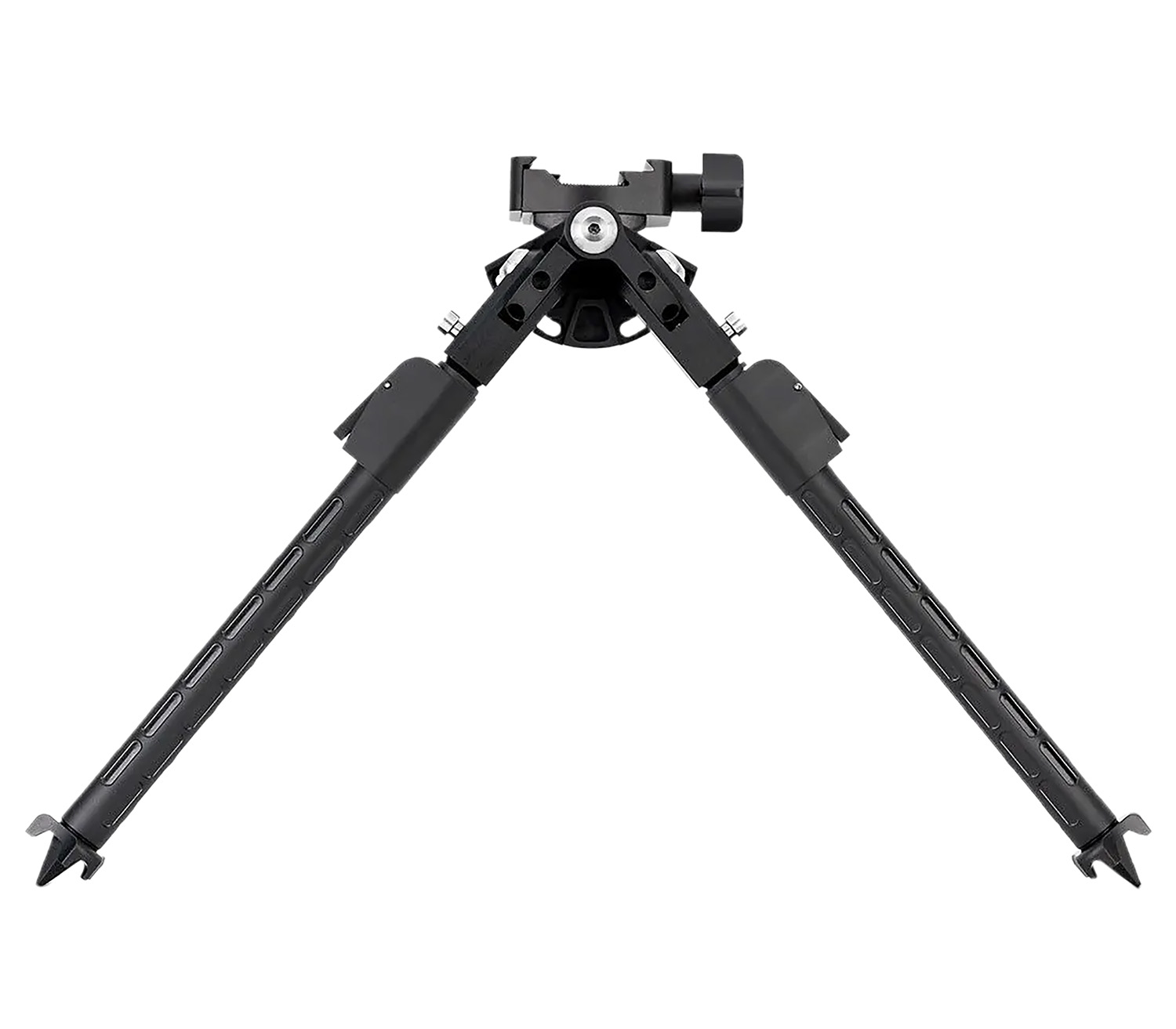 Black adjustable rifle bipod with spiked feet
