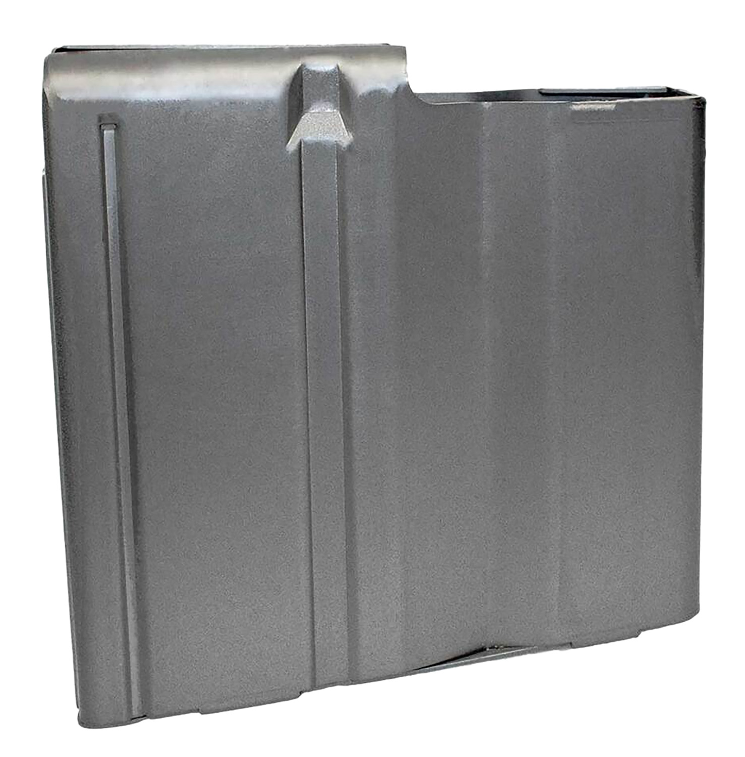 Gray metal rifle magazine on white background
