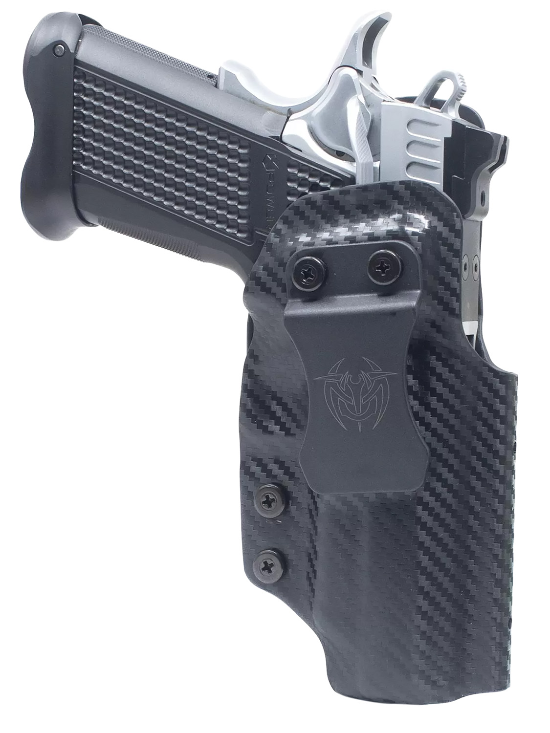 Handgun in carbon fiber holster with belt clip