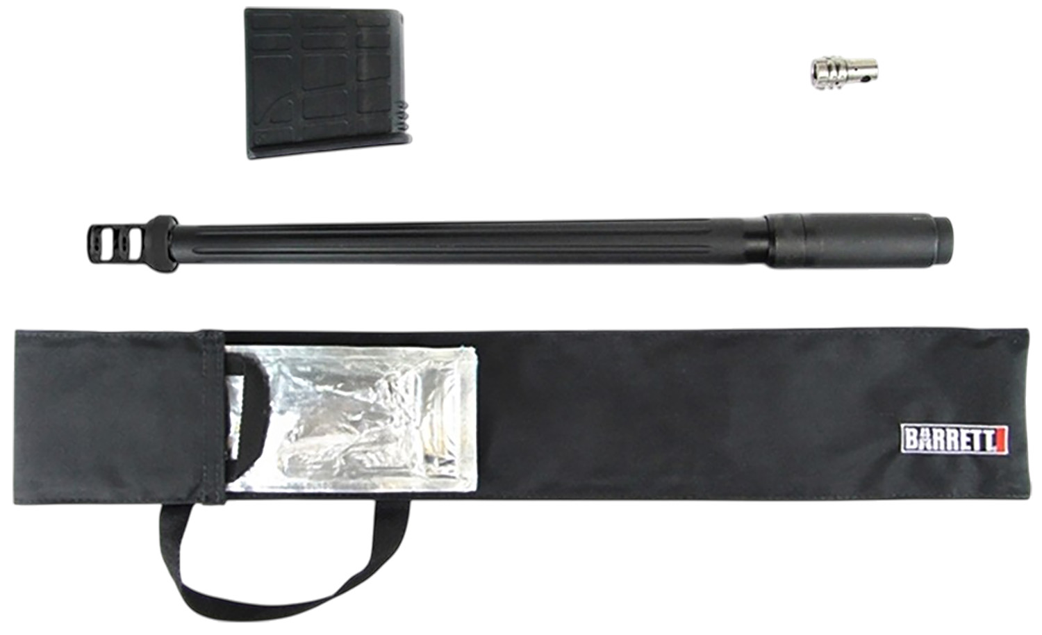 Rifle barrel with suppressor, magazine, and carry case