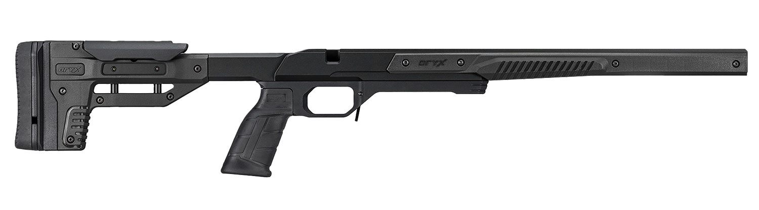 Black precision rifle chassis with adjustable stock