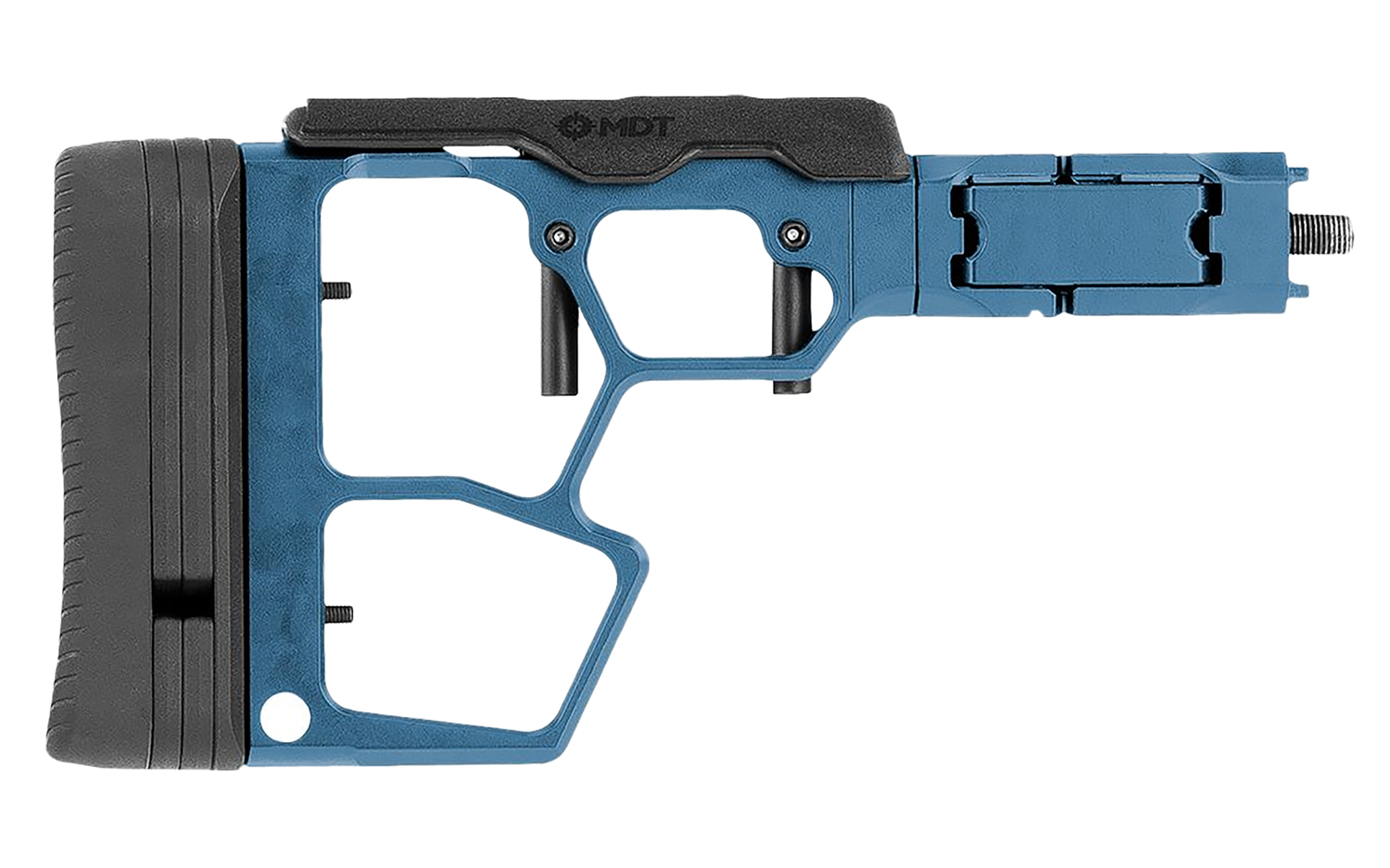 Blue adjustable rifle stock with black buttpad