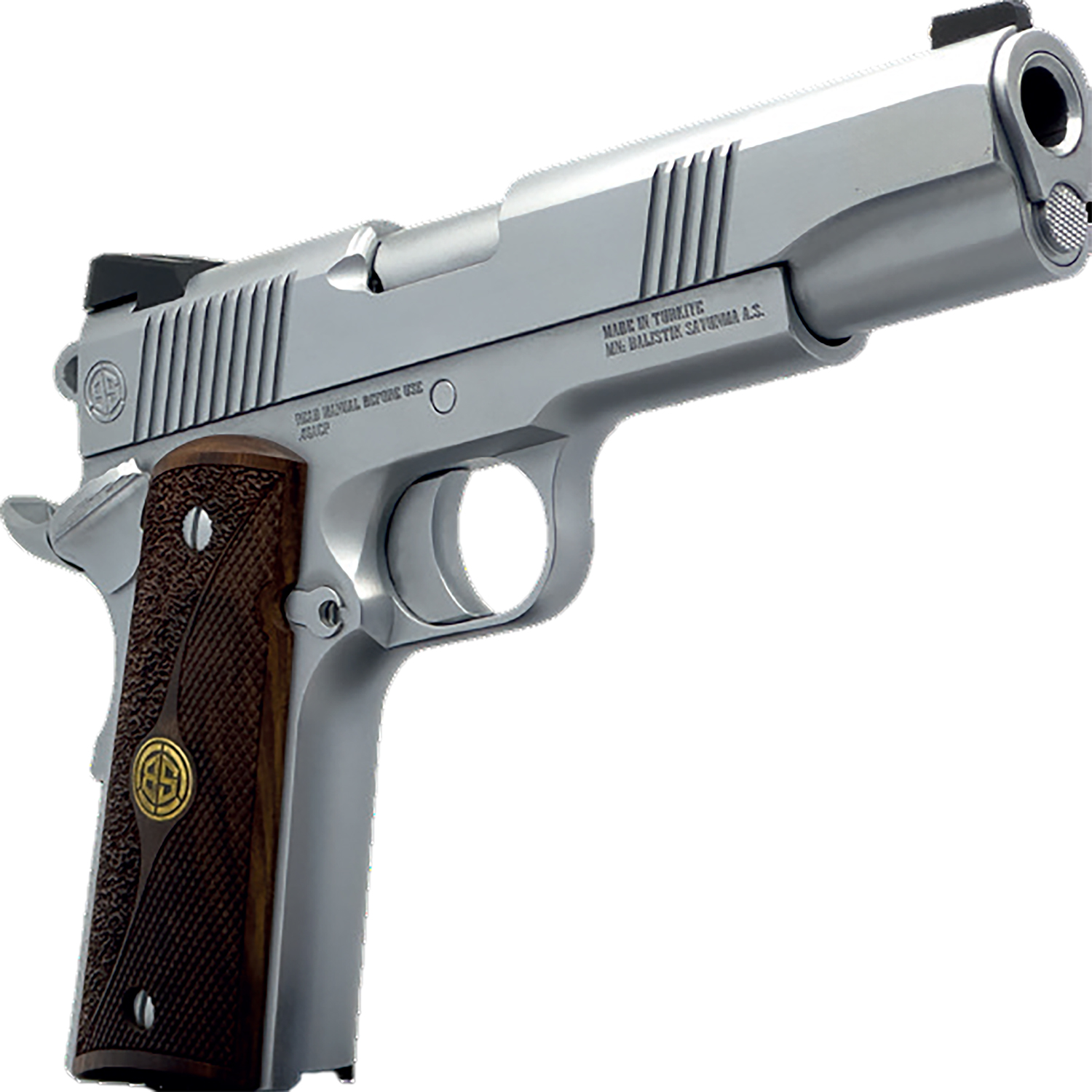 Silver semi-automatic pistol with wooden grip