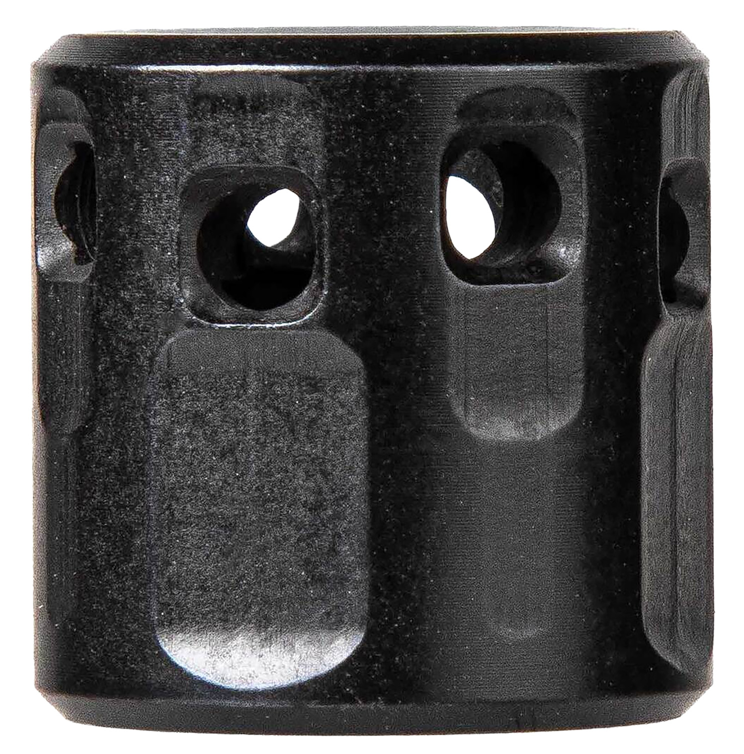 Black metal muzzle brake with side ports