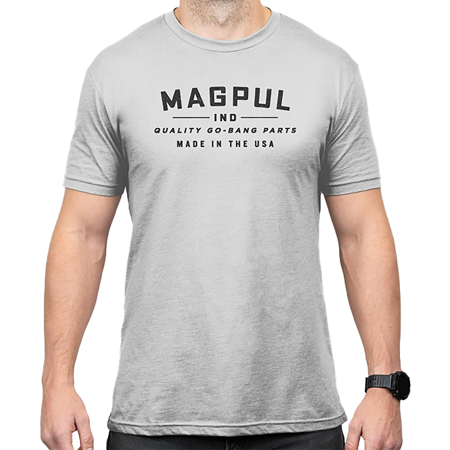 Gray MAGPUL graphic T-shirt on model