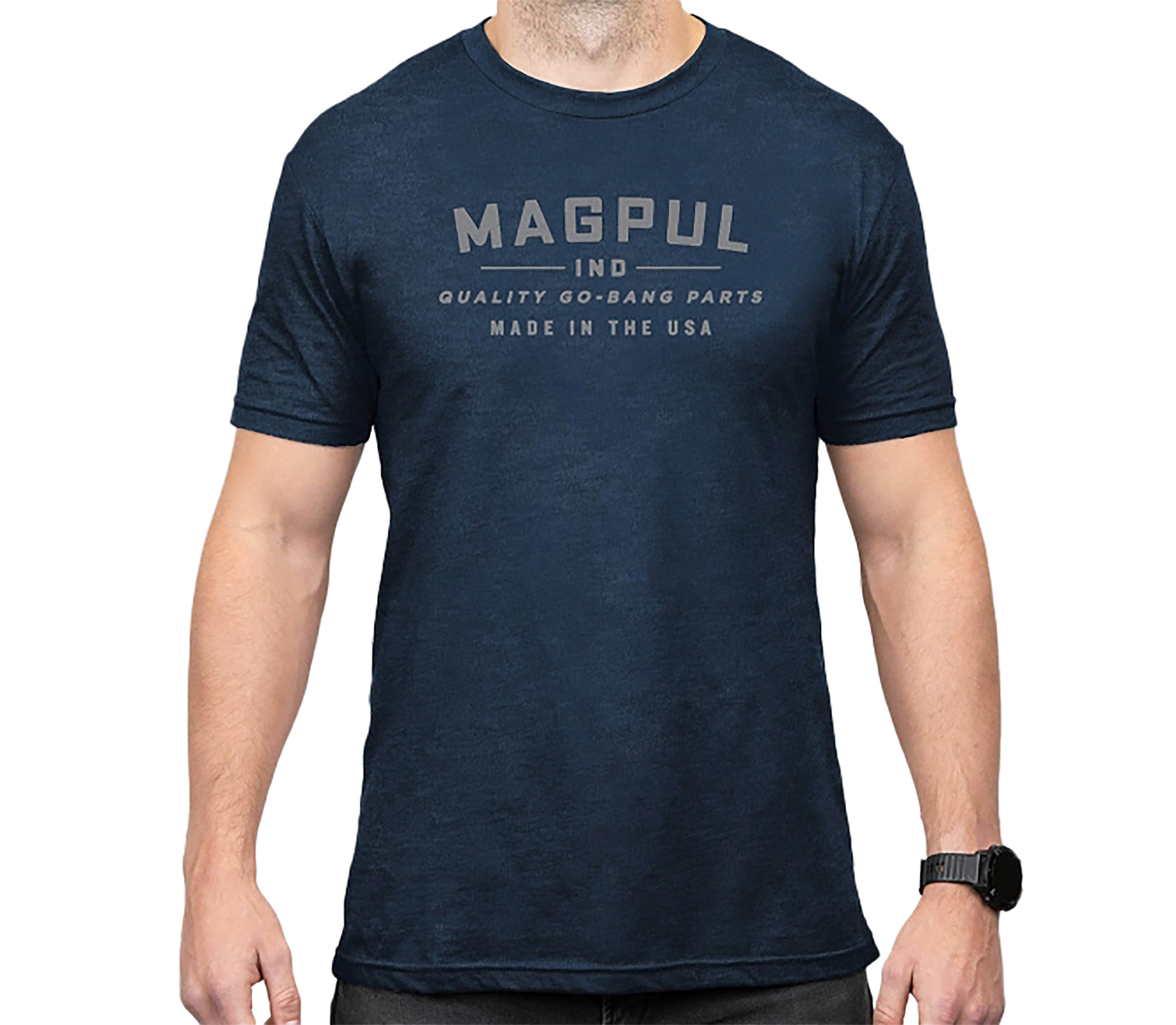Man wearing navy Magpul graphic T-shirt