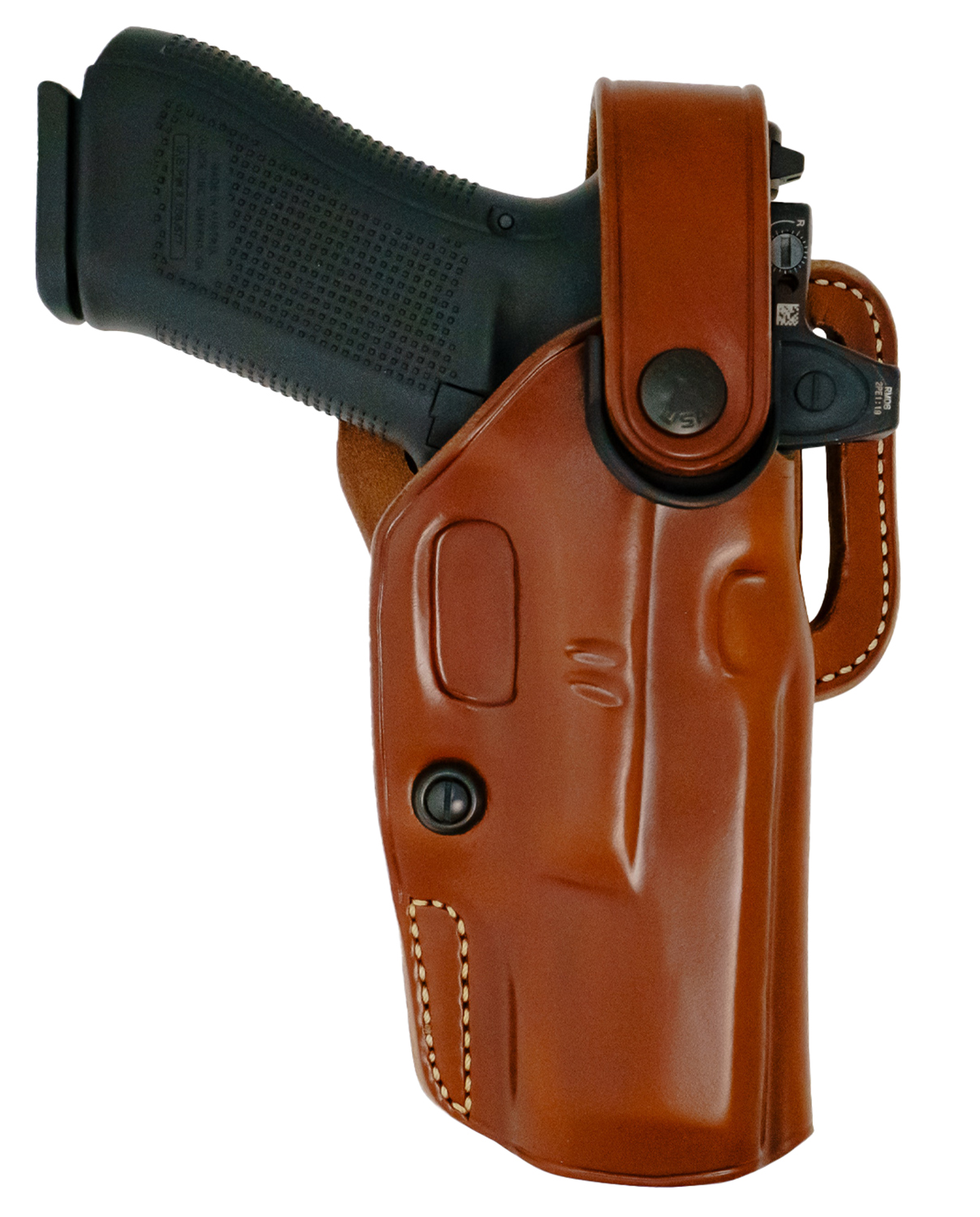 Handgun in brown leather holster on white background