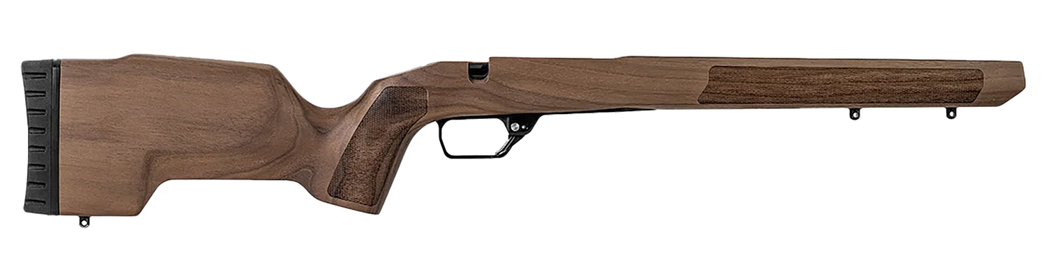 Wooden rifle stock with trigger guard, side view