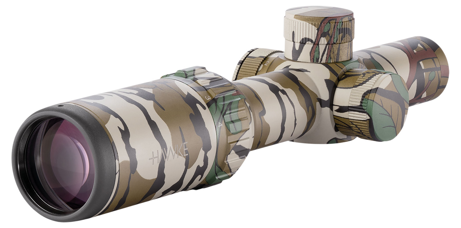 Camouflage-patterned Hawke rifle scope on white background