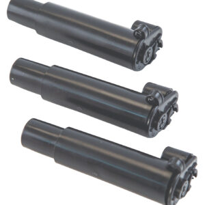 Three black cylindrical suppressors on white background