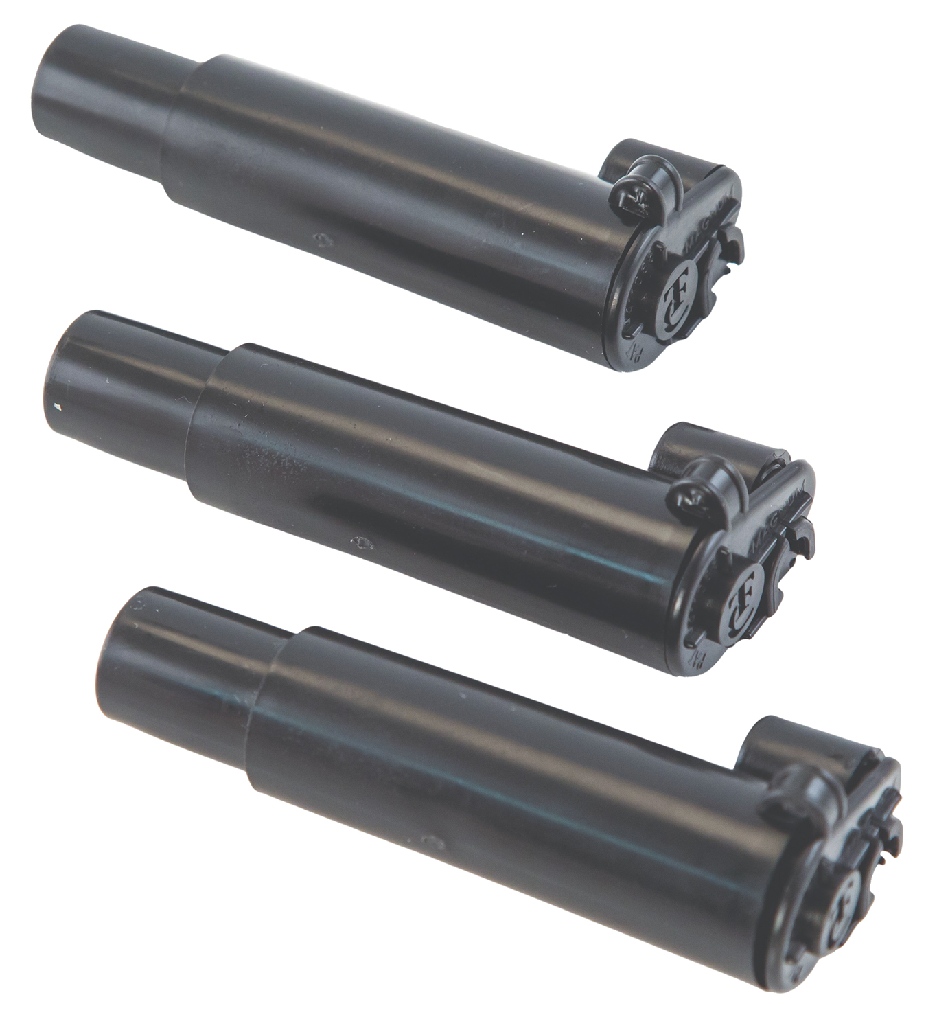 Three black cylindrical suppressors on white background