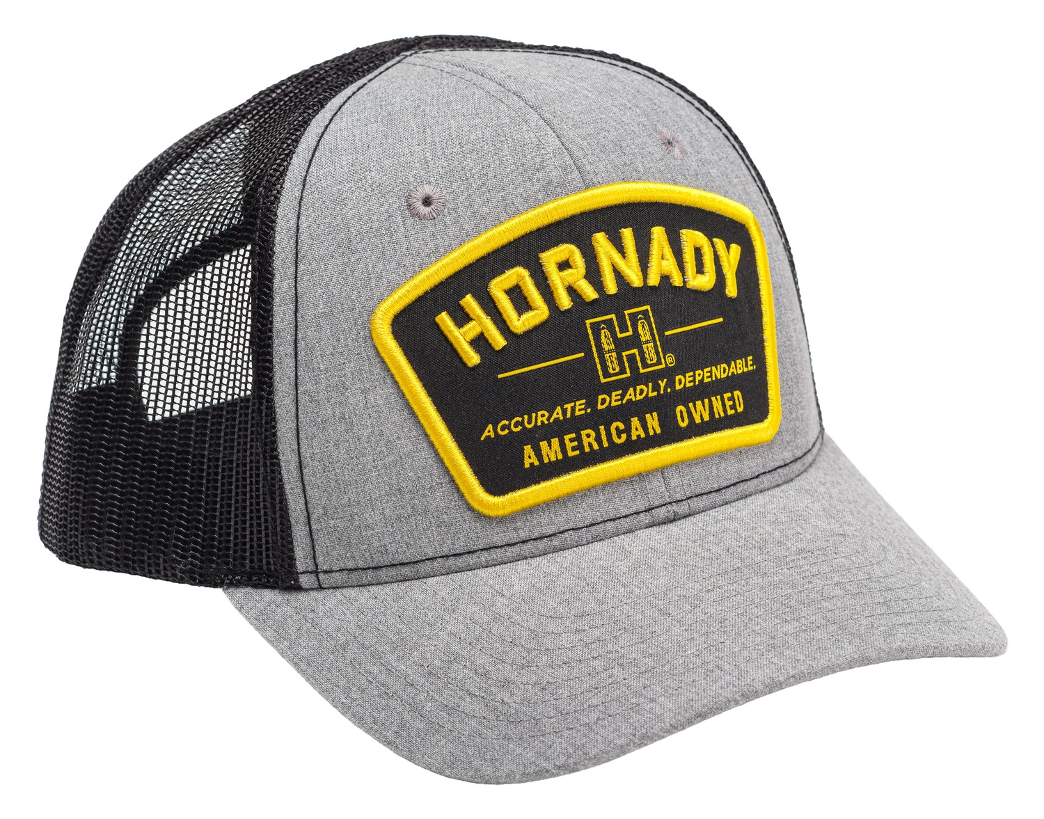 Gray and black Hornady mesh trucker hat