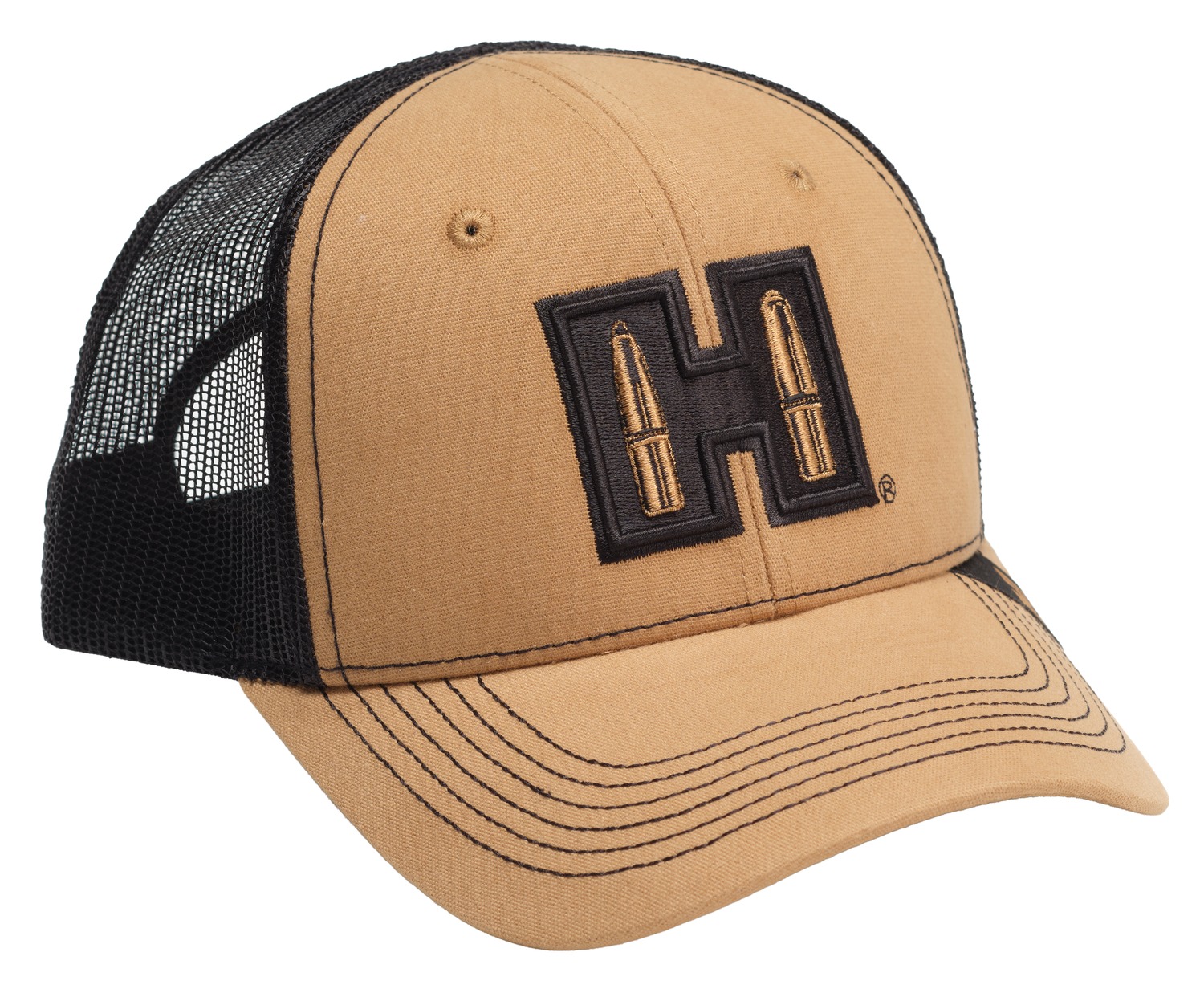 Tan and black trucker hat with bullet H logo