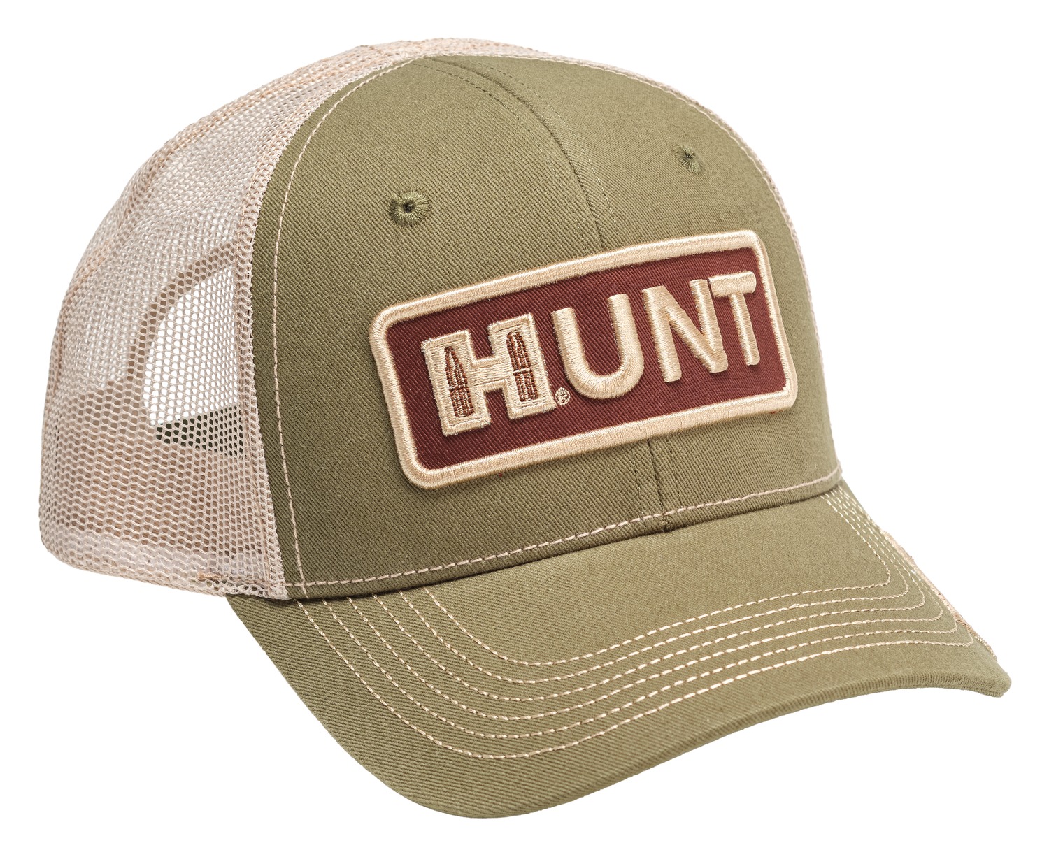 Olive and tan HUNT trucker baseball cap