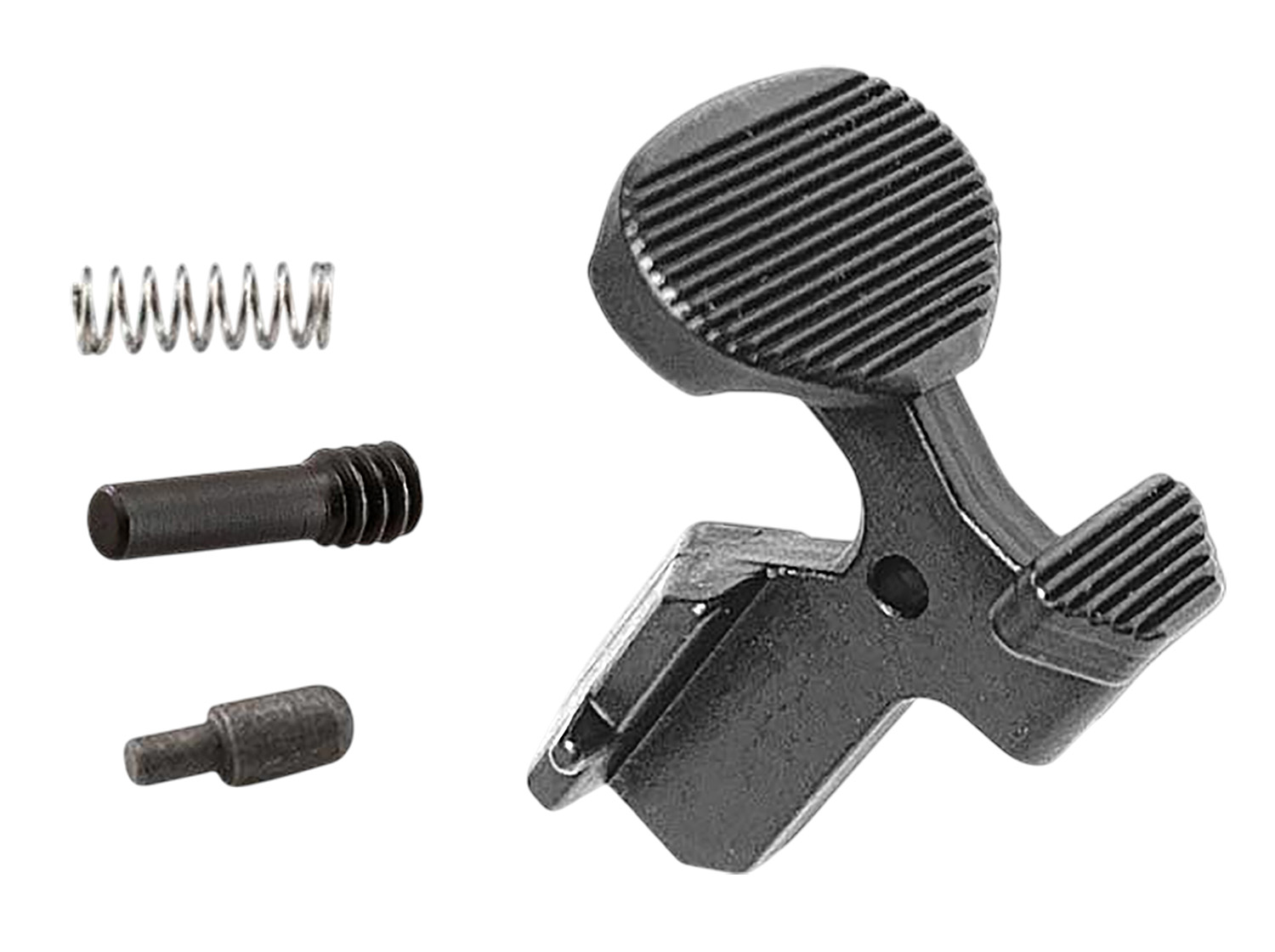 Metal firearm bolt catch with spring and pins