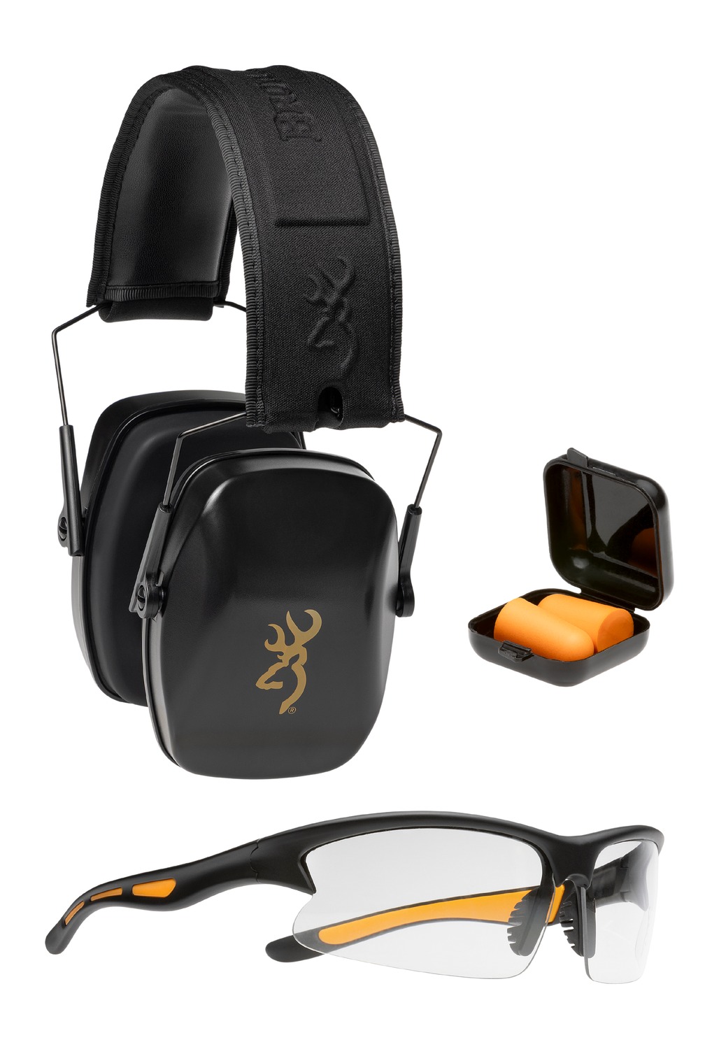 Black earmuffs, earplugs, and safety glasses set