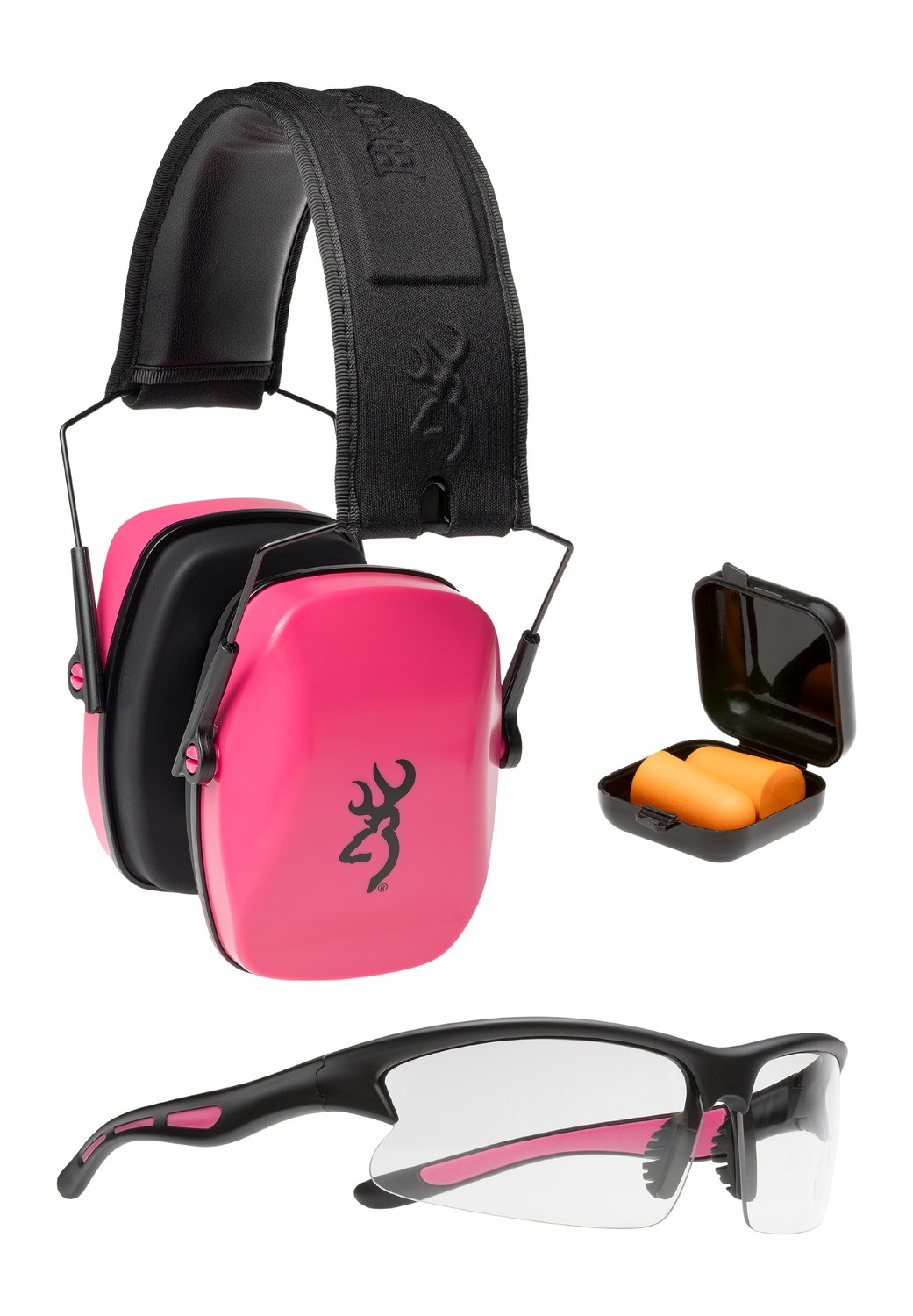 Pink earmuffs, earplugs, and safety glasses set