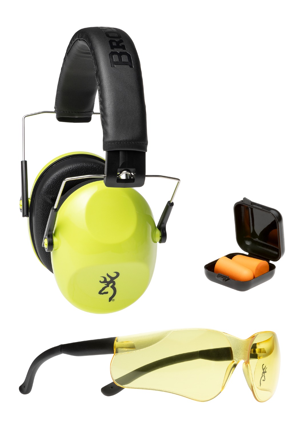 Neon earmuffs, earplugs, and yellow safety glasses