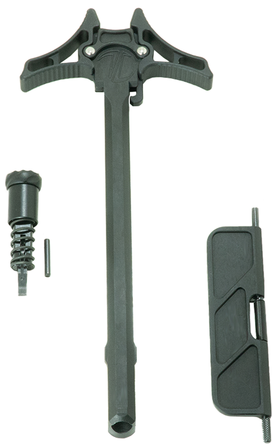 Black firearm components on white background
