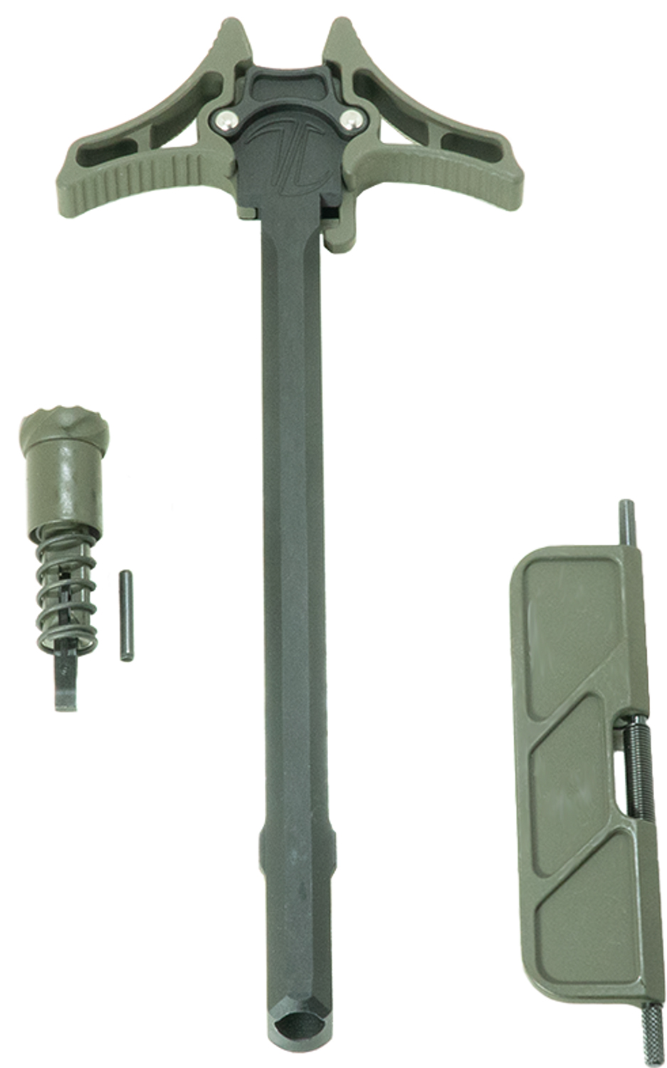Green AR-style firearm components on white background